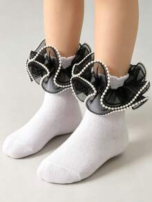 1 par de calcetines con volantes y encaje para niñas, estilo princesa dulce, calcetines versátiles de diario con volantes para niñas pequeñas - Negro - Ver 7