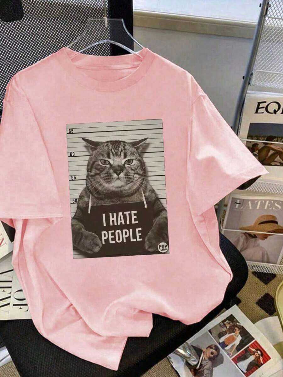Women's Casual Short Sleeve Crew Neck T-Shirt With Funny Cat Letter Print, Cute Casual Summer Streetwear Tops - 羅莎 - 查看 1