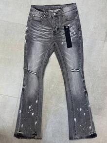 Embroidered Flare Jeans, Letter Embroidered Men's Slim Fit Flare Jeans, Ripped Flare Jeans With Patches, Y2K Stacked Jeans, Contrast Washed Embroidered Jeans, Suitable For All Seasons - Black - View 2