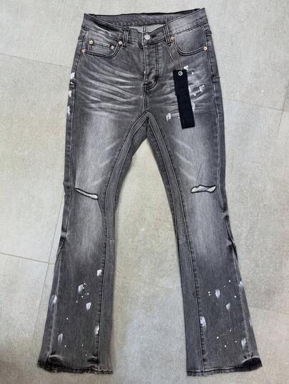 Embroidered Flare Jeans, Letter Embroidered Men's Slim Fit Flare Jeans, Ripped Flare Jeans With Patches, Y2K Stacked Jeans, Contrast Washed Embroidered Jeans, Suitable For All Seasons