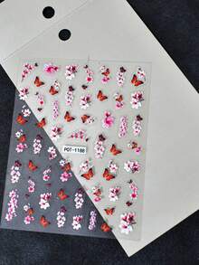 1pc Pink Floral & Butterfly Nail Stickers, Self-Adhesive 3D Embossed Nail Art Decals, Delicate Nail Decoration For Spring/Summer, Fresh Pattern, Easy To Apply And Durable - Multicolor - View 6