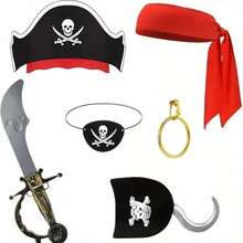 Set de 6 piezas de disfraz de pirata con diadema, sombrero, parche para el ojo y gancho - perfecto para Halloween y fiestas temáticas - Multicolor - Ver 1