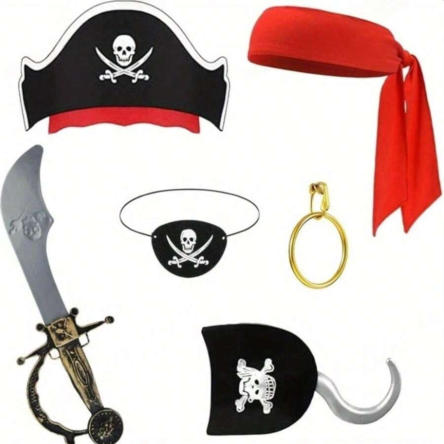 Set de 6 piezas de disfraz de pirata con diadema, sombrero, parche para el ojo y gancho - perfecto para Halloween y fiestas temáticas - Multicolor - Ver 1