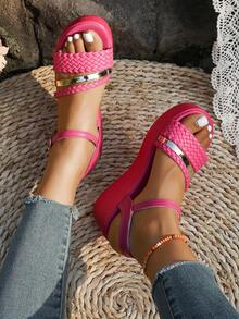 Sandal đế xuồng mùa hè cỡ lớn dành cho nữ, kiểu dáng dệt kim, một quai, khóa cài, hở mũi, đa năng, chống trơn trượt, đế dày, thoải mái, nhẹ, phù hợp để mang hàng ngày với quần và váy. - Màu Hồng Tươi - Xem 6