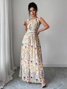 Vestido sin mangas de línea A con cuello redondo de malla floral elegante, cintura fruncida y ceñida - Cafetería - Ver 11