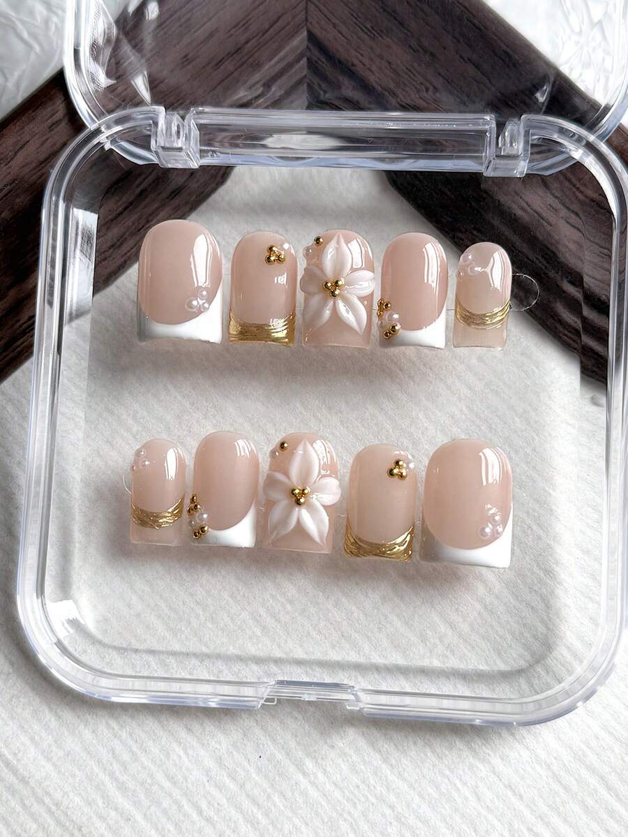 10pcs Square Handmade Fake Nails, Minimalist Style, Pink Base, Gold & White French Tip, 3D Flower Carving, Suitable For Girls And Women Daily, Vacation, School, Wedding Decoration, Includes Jelly Glue And Nail File Handmade Press On Nails - Pink - View 1