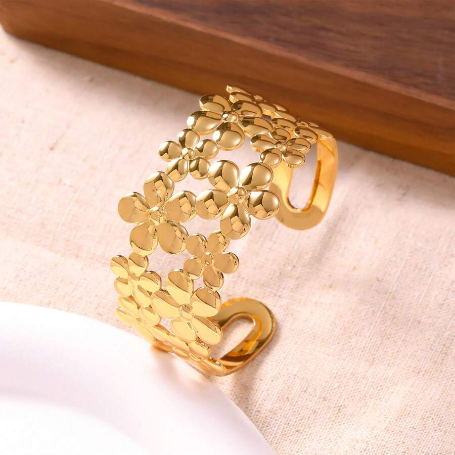 優雅 304 不鏽鋼女款手鍊,3D 花朵設計,金色,可調節尺寸,適合四季,防水、耐汗、親膚舒適,精緻小花造型,派對完美配件 - AZ-024 - 查看 1