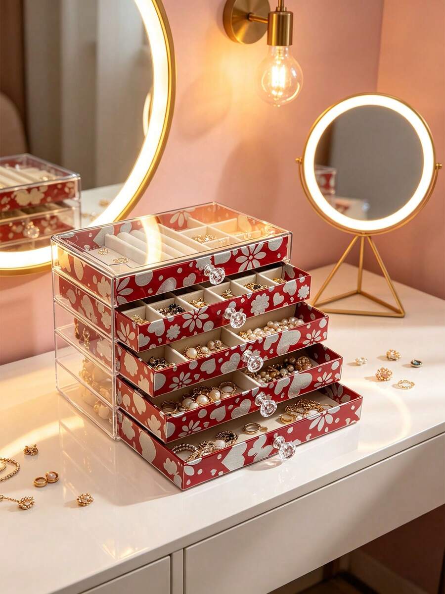 1pc 5/3/1 Layer Printed Acrylic Jewelry Box, Large Capacity Drawers Jewelry Organizer, Transparent Dust-Proof Storage Box For Rings, Earrings, Necklaces, Velvet Lining, Compartment Design, Ideal For Vanity Table, Desk, Gift For Girlfriend, Jewelry Accessories Storage - Multicolor - View 1
