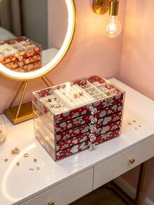 1pc 5/3/1 Layer Printed Acrylic Jewelry Box, Large Capacity Drawers Jewelry Organizer, Transparent Dust-Proof Storage Box For Rings, Earrings, Necklaces, Velvet Lining, Compartment Design, Ideal For Vanity Table, Desk, Gift For Girlfriend, Jewelry Accessories Storage - Multicolor - View 3