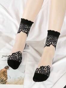 1/2/3/6/9 Pairs Crystal Silk Stockings, Women Lace Edge Thin Mid-Calf Socks, Transparent, Korean Style, Anti-Snag - Multicolor - View 42