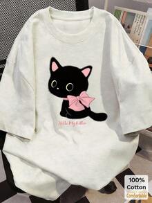 Camiseta de manga corta con estampado de dibujos animados para mujer, estampado lindo 3333 # Casual blanco de verano 100% algodón - Blanco - Ver 7