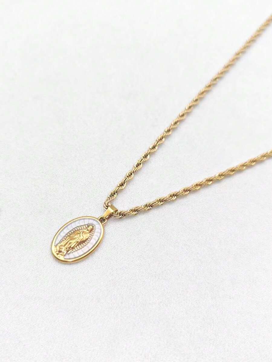 1pc Stainless Steel Vintage French 18K Plated Oval Virgin Mary Pendant Necklace, Minimalist Twist Chain Unisex Jewelry, Affordable Valentine's Day Gift - White - View 1