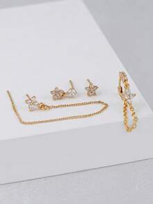 4pcs Elegant Cubic Zirconia Clover & Flower Decor Chain Earrings Set, Suitable For Women's Daily, Date, Music Festival, Party Matching, Holiday Gift - Yellow Gold - View 3
