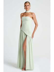 Colorblock Strapless High Split Maxi Dress Elegant Evening Summer Dress For Women - Màu Đỏ Sâu - Xem 8