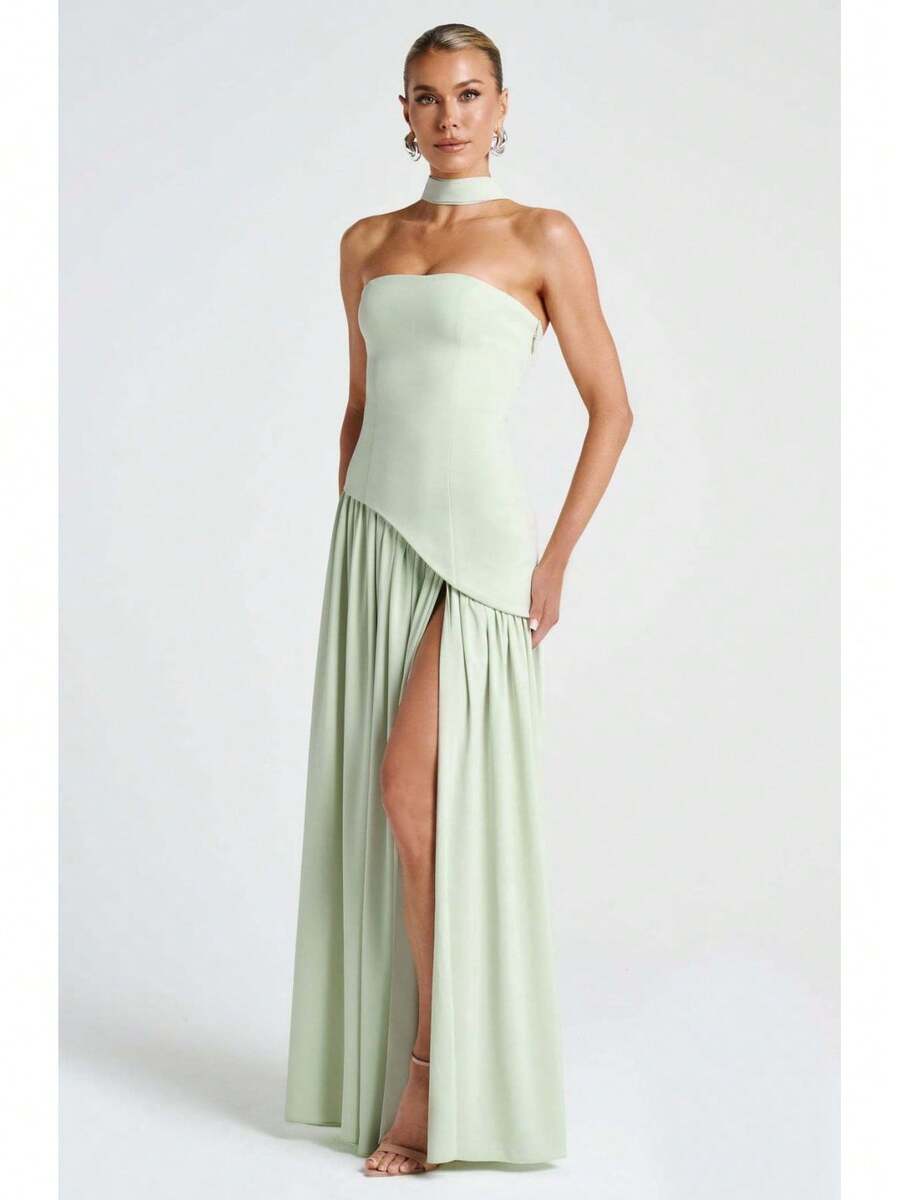 KZKZWK Colorblock Strapless High Split Maxi Dress Elegant Evening Summer Dress For Women - 綠色 - 查看 1