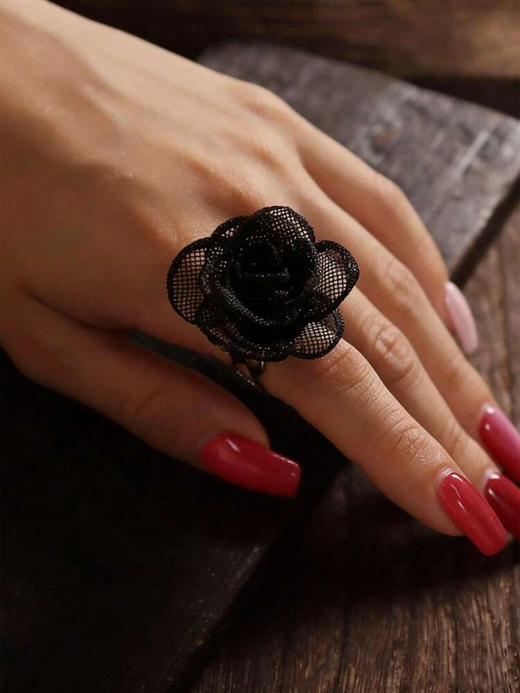 1 chiếc nhẫn đơn kiểu Gothic với họa tiết hoa ren, kiểu dáng thanh lịch cổ điển dành cho nữ. - màu đen - Xem 3