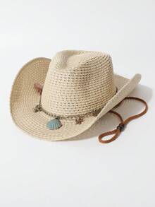 1pc Women's Shell Decor Chain Handmade Woven Spring/Summer Windproof Rope Panama Straw Hat, European And American Western Style Sun Hat, Versatile Sun Hat For Spring/Summer Daily Wear, Beach Vacation, Outdoor Activities, Western Themed Events, Music Festivals - Top Hat - View 9