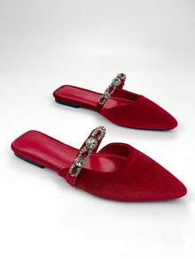 Sepatu Mule Wanita Mewah dengan Hiasan Rantai dan Tali Bertabur Berlian Imitasi, Nyaman untuk Pemakaian Sehari-hari dan Pesta - Merah - View 3