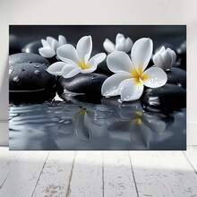 Marco de madera plano 2D 1pc con flores blancas sobre piedras negras Perfecto para decoración de salón acogedor, dormitorio, oficina o cocina, arte de pared festivo - Enmarcado - Ver 1