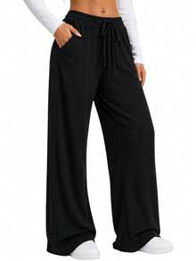 Women's Ribbed Wide-Leg Pants, High Waist, With Drawstring, Comfortable And Casual, Sizes P To G2 Plus Size - Black - View 2