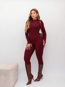 Women's Fitted Ribbed Jumpsuit With Front Zipper And Elegant Long Sleeves, Knit Fabric, Winter - Redwood - View 1