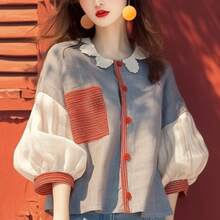 Camisa Vintage de gasa para mujer, blusa holgada de manga corta con cuello redondo, ropa Coreana de retazos, novedad de verano - Color de la imagen - Ver 3