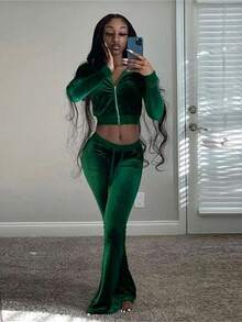 Kliou-Conjunto de dos piezas de terciopelo liso para mujer, Top sencillo informal con cremallera y cuello alto de manga larga + pantalones de pierna ancha ajustados de encaje vendaje - Verde Oscuro - Ver 4