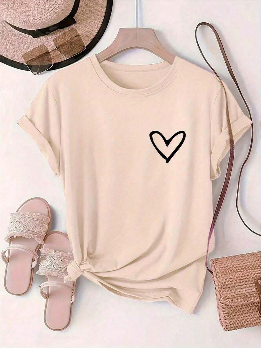 Short-Sleeved T-Shirt With Round Neck And Heart Print, European And American Style, For Women, Sporty, Loose And Comfortable, Vintage Summer Style, Unisex, Cotton, Short Sleeve And Round Neck. - 杏色 - 查看 1