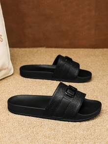 2026 New Men's Crocodile Embossed Slides, Slip-On Beach Sandals, Washable, Large Size - Black - View 2