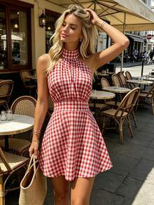 2026 Summer New Pure Cotton Red & White Plaid Sleeveless Halter Backless Bow Tie A-Line Short Dress, Pure Cotton Plaid Dress Elegant Party - Red and White - View 6