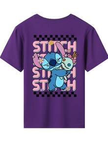 Disney Stitch And Lilo Double-Sided Printed Pattern T-Shirts For Girls - Children's Clothing Design Short-Sleeved Casual And Cute Style Comfortable And Casual Wear All Year Round Suitable For Parties And Play Machine Washable Gift Children's Clothing Girls' Short-Sleeved Shirts - 紫色 - 查看 3