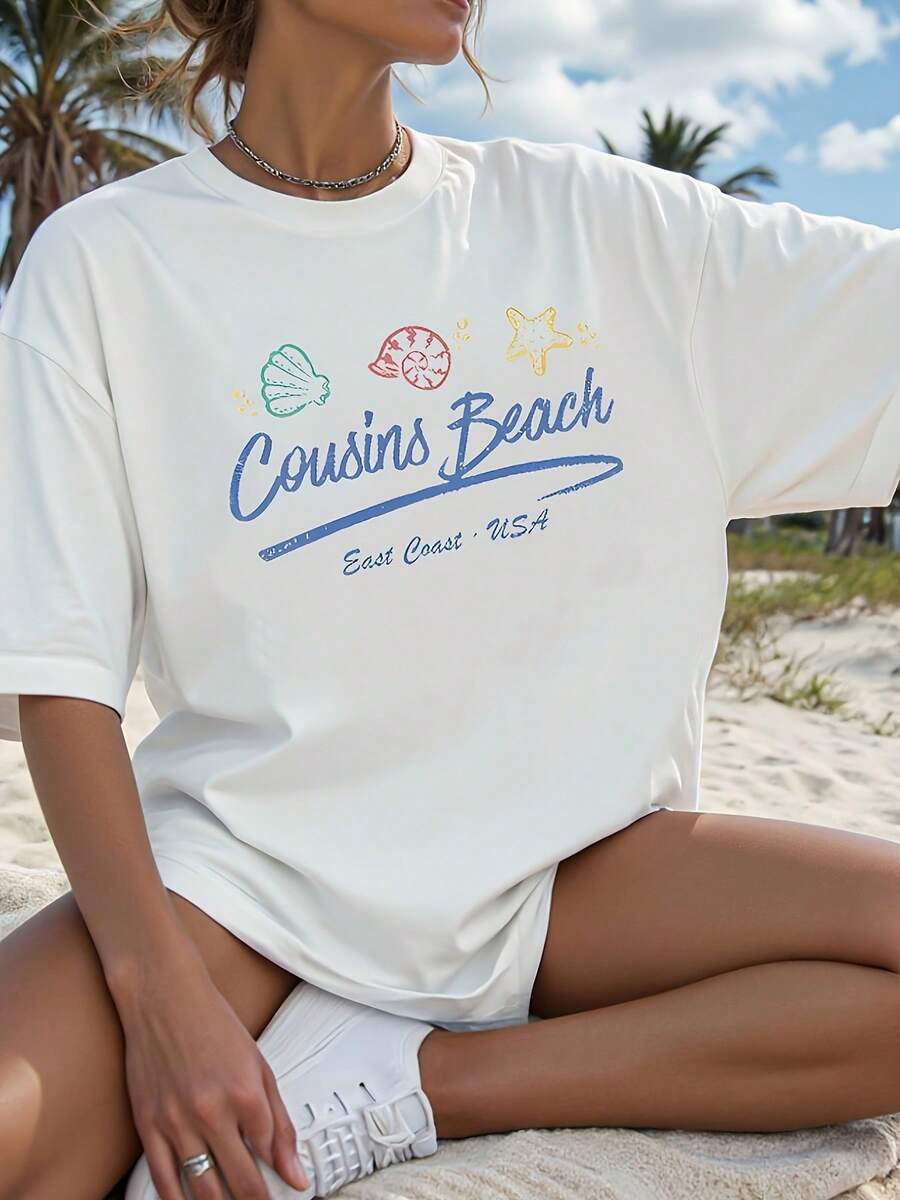Camiseta de vacaciones de verano blanca de las mujeres - tema de la playa manga corta cuello redondo con 'Medido por el verano' y Shell/Starfish/Leopard impresión en la espalda - traje de vacaciones informal, ropa de vacaciones, estilo cómodo de toda la temporada (lavable en máquina), camiseta