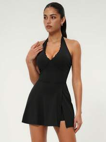 TimeOff 1pc Women's Lace Halter Backless Slit Dress With Lining And Pockets, Anti-Flashing Design Sports - Black - View 9
