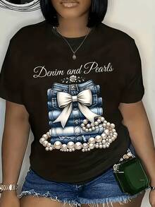 Women's T-Shirts Denim And Pearls With Bow 100% Breathable White Round Neck Casual And Simple Machine Washable, Comfortable And Fit Summer A Gift To Family Members - 黑色 - 查看 1