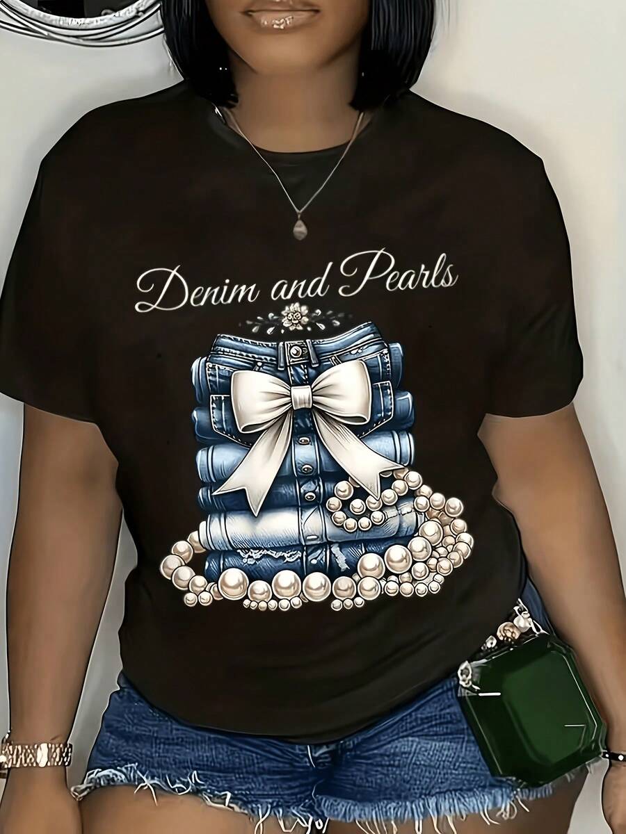 Women's T-Shirts Denim And Pearls With Bow 100% Breathable White Round Neck Casual And Simple Machine Washable, Comfortable And Fit Summer A Gift To Family Members - 黑色 - 查看 1