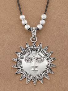 SUPBORA 1pc Fashionable Matte Gold/Silver Color Boho Oversized Exaggerated Sun Pendant With Beads Black Wax Rope Necklace For Women's Daily Wear - Multicolor - View 10