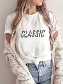Áo thun in chữ cổ điển, áo thun in họa tiết tối giản, áo tay ngắn phong cách retro thường ngày, áo cơ bản phong cách đường phố màu trắng mùa hè. - trắng - Xem 6