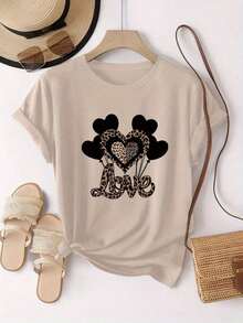 Graphic Tees2026 New Women's Pure Cotton Casual T-Shirt, Combining Boldness With Delicacy, With A Black Heart-Shaped Balloon Print And Leopard Print, And U - 杏色 - 查看 4