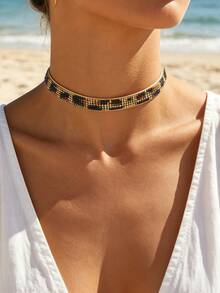 1pc Women's Niche Design Accessory, Leopard Print Rhinestone Inlaid Necklace Choker, European And American Vacation Style - Leopard Print - View 2