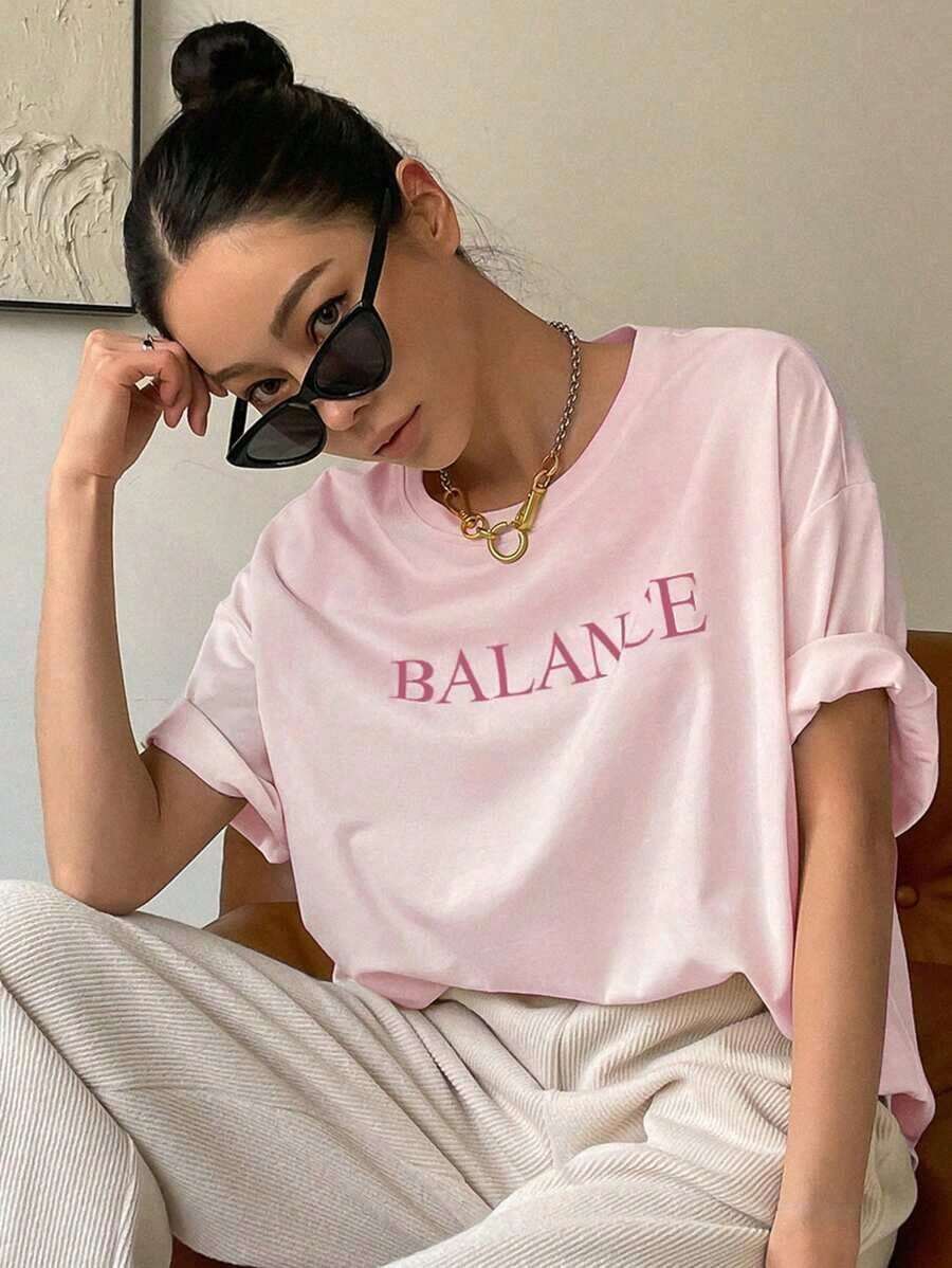 Camiseta Personalizada de Hombros Caídos con Estampado de Letras, Estilo Preppy para Verano - Blanco - Ver 1