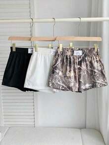 Set de 3 shorts casuales con estampado de lunares, estampado de leopardo claro y estampado de leopardo marrón oscuro, de tela tejida, adecuados para uso diario, set de shorts con estampado de camuflaje, adecuados para el uso diario, citas, fiestas, otoño/invierno/verano, Navidad, Año Nuevo, Acción de Gracias, fiestas, bodas, playa, ceremonias de graduación, moda, elegante, casual, salidas, citas, reservas, viajes, brillante, Día de San Valentín, elegante, vacaciones, casual, Y2K, salidas, ceremonias de graduación y otras ocasiones. - Blanco y Negro - Ver 5