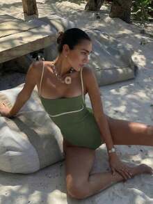 Elegant Women's Sexy Red Spaghetti Strap One-Piece Swimsuit, Suitable For Beach, Party And Gathering In Spring/Summer Vacation - Green - View 7