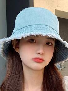 1件装新款牛仔渔夫帽女可水洗时尚复古百搭盆帽户外休闲露脸小太阳遮阳帽适合聚会户外登山 - 彩色 - 查看 7