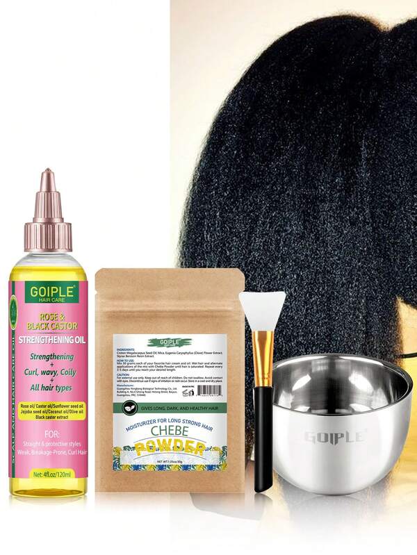 Goiple 4pcs Chebe Powder & Rose Oil & Castor Oil DIY Set, Includes Silicone Brush & Bowl, Organic African Chebe Powder, Rose Oil, Castor Oil, Black Castor Seed Oil, Strengthening & Repairing For Split, Dry & Damaged Hair