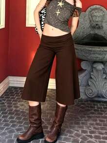 Women Yoga Capri Pants Wide Leg Cropped Pants With Fold Over Waistband For Fitness Workout Light Grey Lounge Pants For Women Elastic Waist 3/4 Length Pants Casual Culottes Trousers For Daily Wear - 深棕 - 查看 6