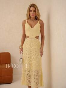 Women's Midi Dress, Knit With Lace, Party, Beach, Sophisticated, New Year's Eve, Christmas, Vacation, Beach, Wedding, Bridesmaid - 奶油黃 - 查看 7