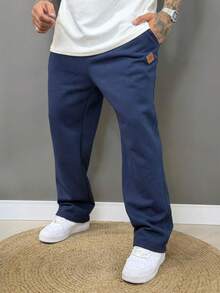 Men's Oversized Baggy Straight Leg Sweatpants With Fleece Lining - Navy Blue - View 1