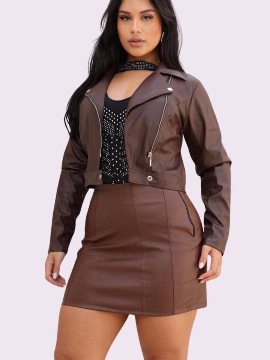 Women's Luxury Faux Leather Biker Jacket With Zipper - Cokelat 02 - View 1