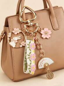 1pc New Style Woven Fabric Car Keychain Pendant Creative Alloy Cute Rabbit Folding Fan Alloy Accessory Earphone Case Decor Key Chain - Multicolor - View 2