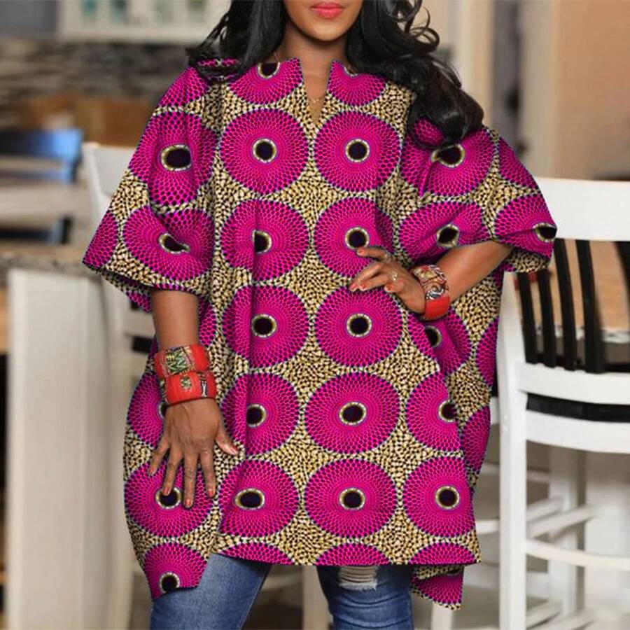 Blusa de talla grande 5XL VONDA para mujer, Tops estampados Vintage, camisas bohemias con cuello en V de verano, Blusas holgadas informales con manga de murciélago - Rosa - Ver 1